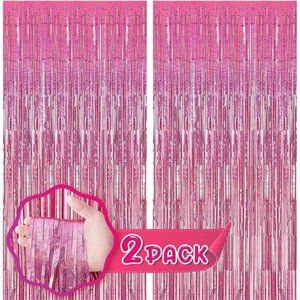 2 Pack Foil Fringe Backdrop Curtains Laser Pink Tinsel Streamers Girl Birthday